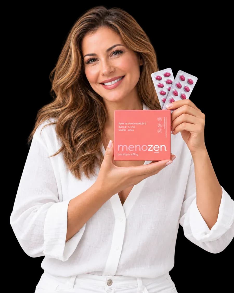 Mulher segurando uma caixa de Menozen e cartelas com cápsulas