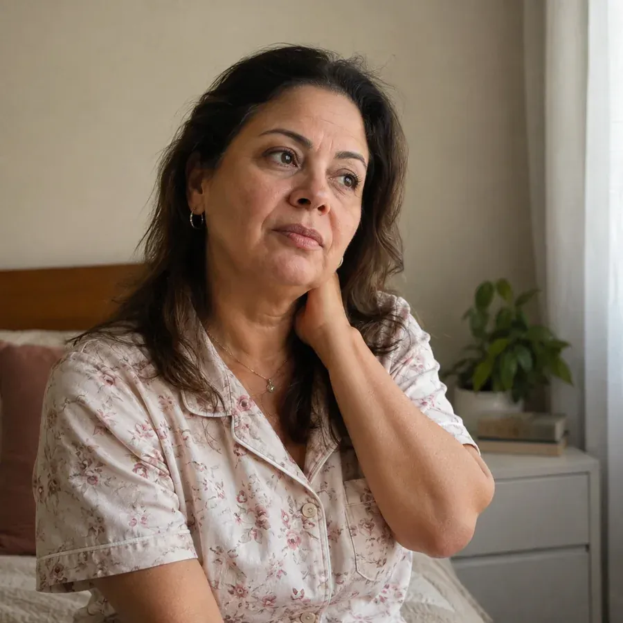 Mulher de meia-idade sentada na cama em um momento de pausa